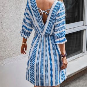 Women's Boho Tribal Print Short Sleeve V Neck Tie Back Summer dress